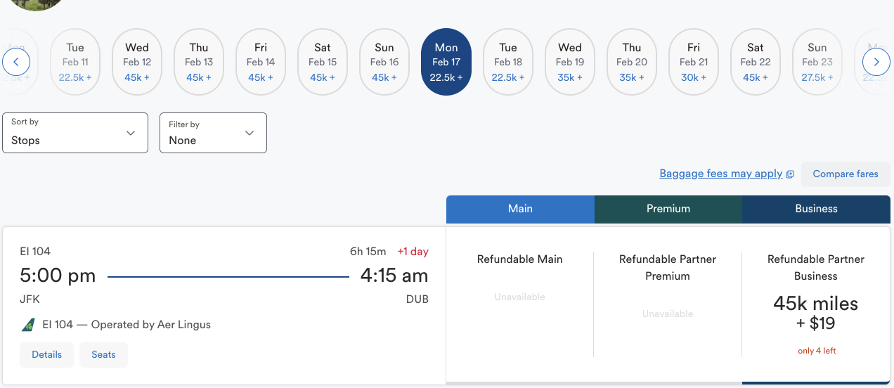 aer lingus award through alaska airlines for 45,000 miles